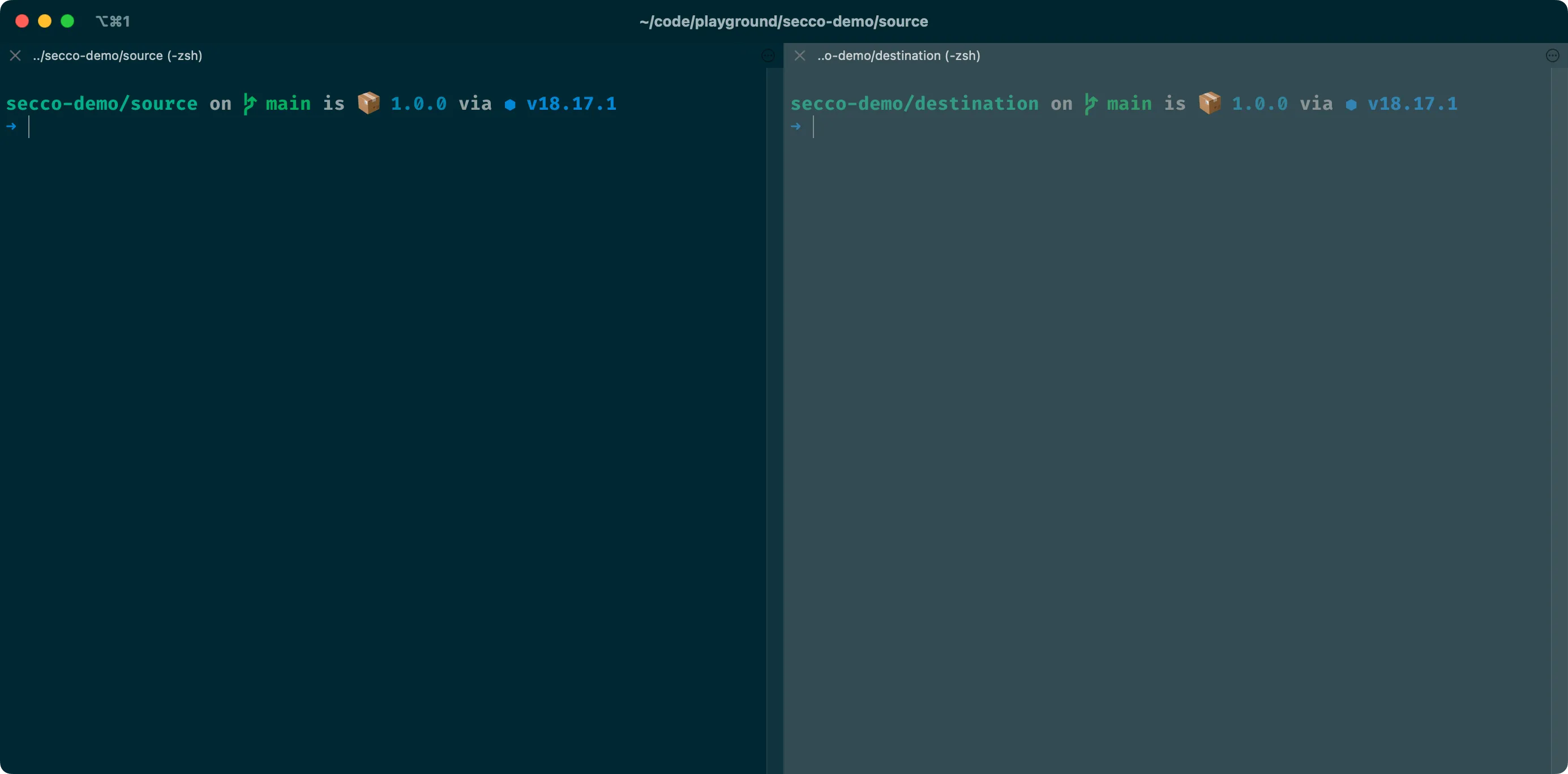 Terminal window with two panes on the left and right side. The left one is inside secco-demo/source, the other one in secco-demo/destination.